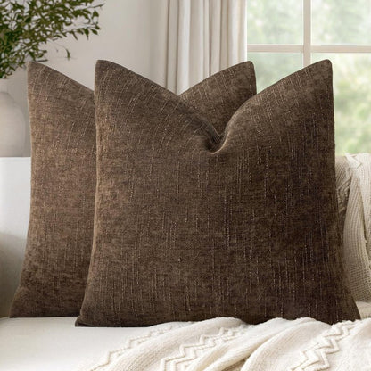 Woaboy Set of 2 Textured Throw Pillow Covers Decorative Soft Accent Square Chenille Pillowcases Neutral Farmhouse Modern Home Decor for Couch Sofa Bedroom Living Room 20x20 Inch,Brown Chocolate