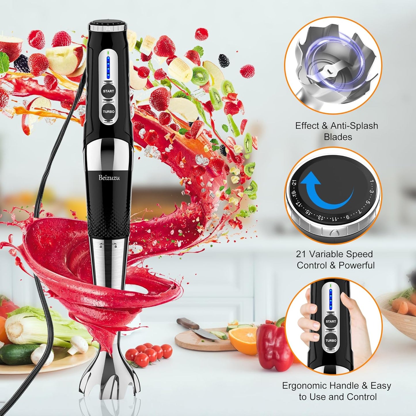 Electric Hand Blender Stick: 3-Angle Adjustable with Variable 21-Speed Control for Milkshakes | Smoothies | Soup |