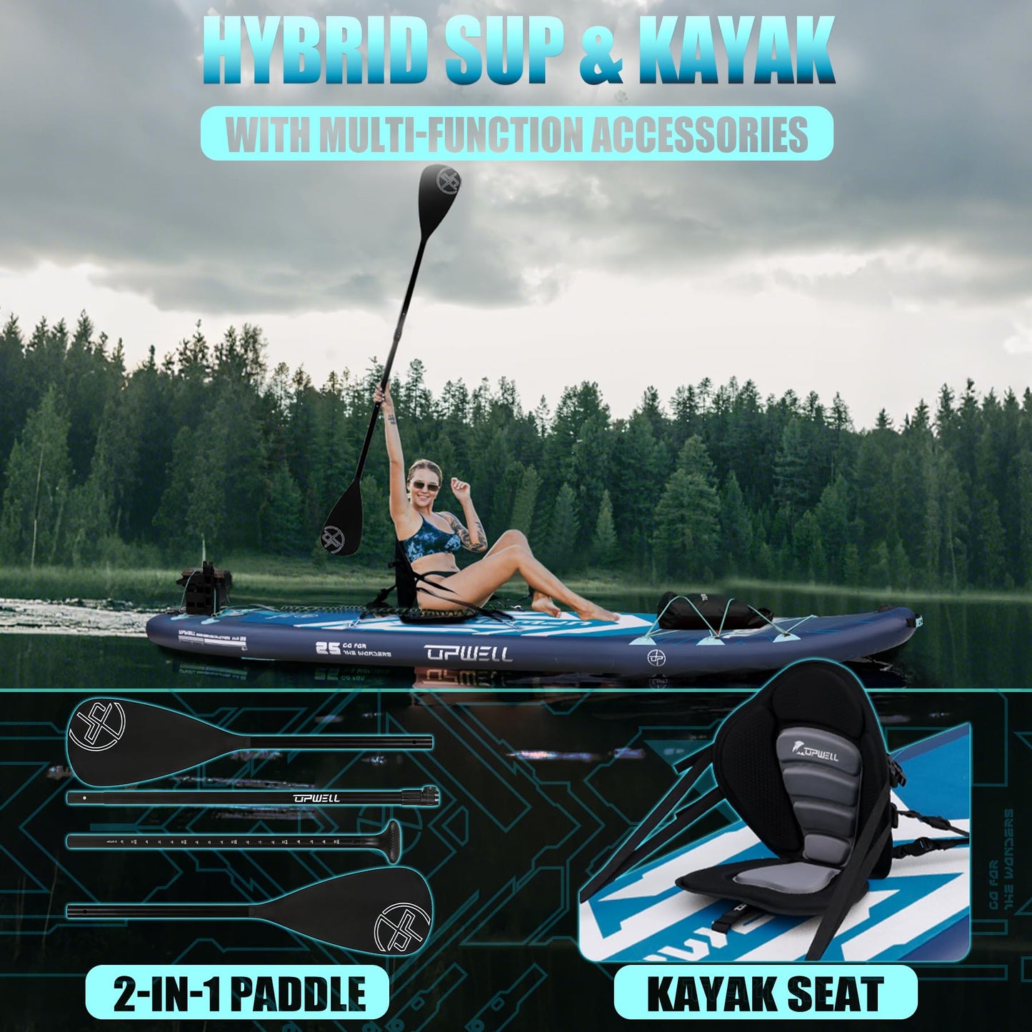 UPWELL 11'6"×35" Extra Wide Inflatable Paddle Board, Stand Up Paddle Board with Kayak Seat, Sup Paddle Boards for Adults, Chipmech Blue