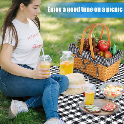 Patelai Wicker Picnic Basket Natural Hand Woven Basket with Double Folding Handles, Willow Hamper Baskets with Blanket for Outdoor Picnic Summer Spring Camp Family(Black and White Grid)