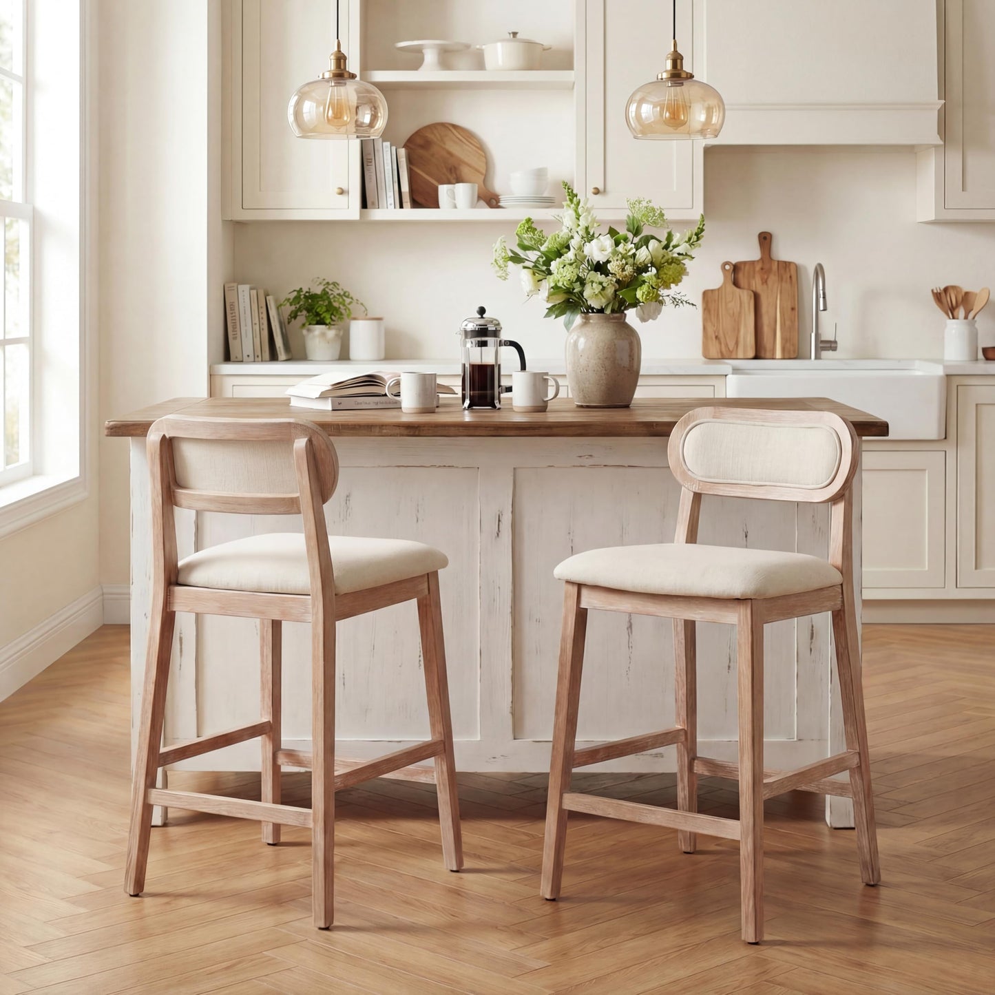 Christopher Knight Home Kaylin Modern Counter Height Bar Stools Set of 2, Upholstered Bar Stool for Kitchen Island, Rubberwood Dining Room Chair, Counter Stool with Footrest, Natural+Beige