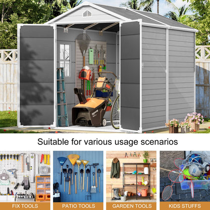 Resin Storage Shed with Floor 8 x 6 FT Waterproof Plastic Outdoor Garden Sheds Kit with Lockable Door & Windows,Patio Tool Shed for Backyard Lawn, Gray