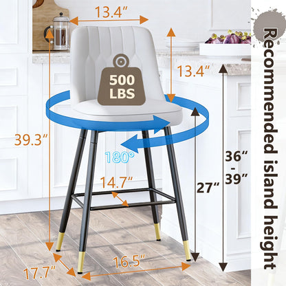 Rejeke 180° Swivel Bar Stools Set of 4, 27" Counter Height Bar Stools with Back, Swivel Light Grey Faux Leather Bar Stools for Kitchen Island, Counter Height Chairs with Metal Legs & Footrest