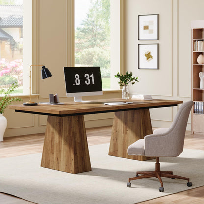 Tribesigns 63-Inch Executive Desk, Large Office Computer Desk with Double Pedestal, Modern Simple Workstations Writing Table Conference Table Business Furniture for Home Office, Light Brown