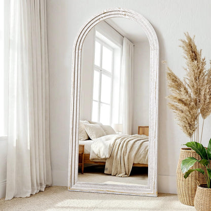 WISSMIELS 30"x71" Full Length Mirror Solid Wood Frame, Arched Floor Mirror Full Length with Stand, Room Decor Big Full Body Mirror with HD Tempered Glass for Bedroom, Living Room, White