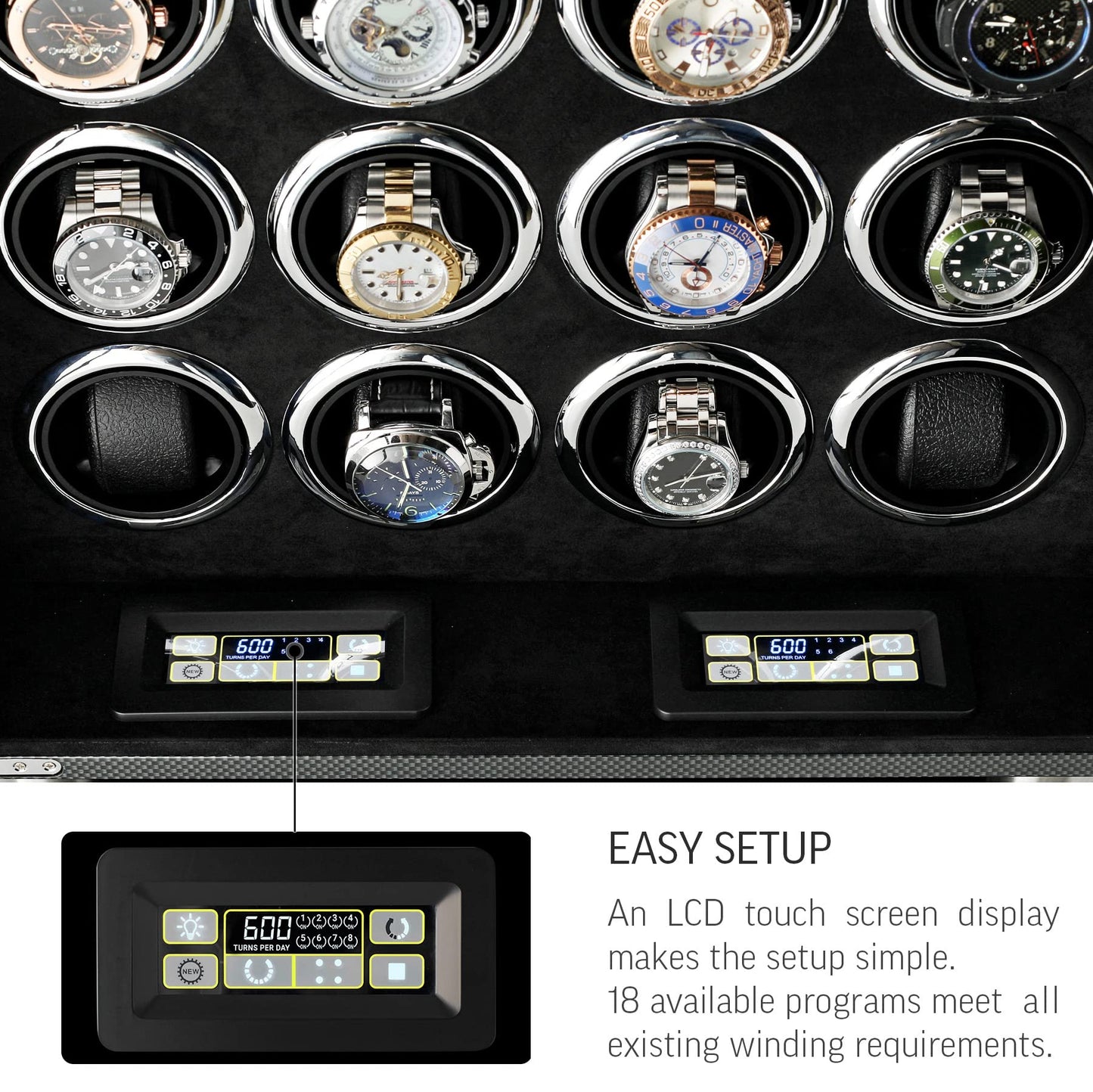 16 Watch Winder for Automatic Watches with LED Light and Coordinated Rotor Stop (Carbon)