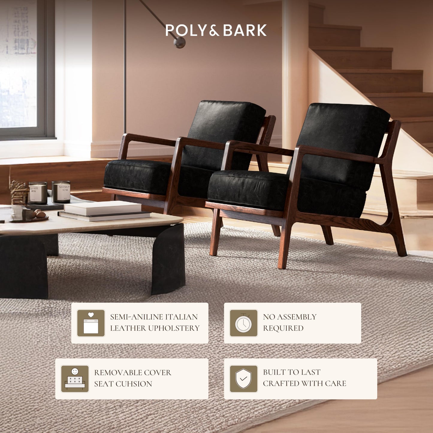 Poly & BARK Verity Leather Accent Chair – Armchair with Walnut Wood Frame – Fashion-Forward Lounge Seating for Living Room – Upholstered in Onyx Black Leather for Modern Style