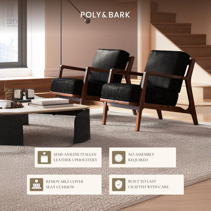 Poly & BARK Verity Leather Accent Chair – Armchair with Walnut Wood Frame – Fashion-Forward Lounge Seating for Living Room – Upholstered in Onyx Black Leather for Modern Style