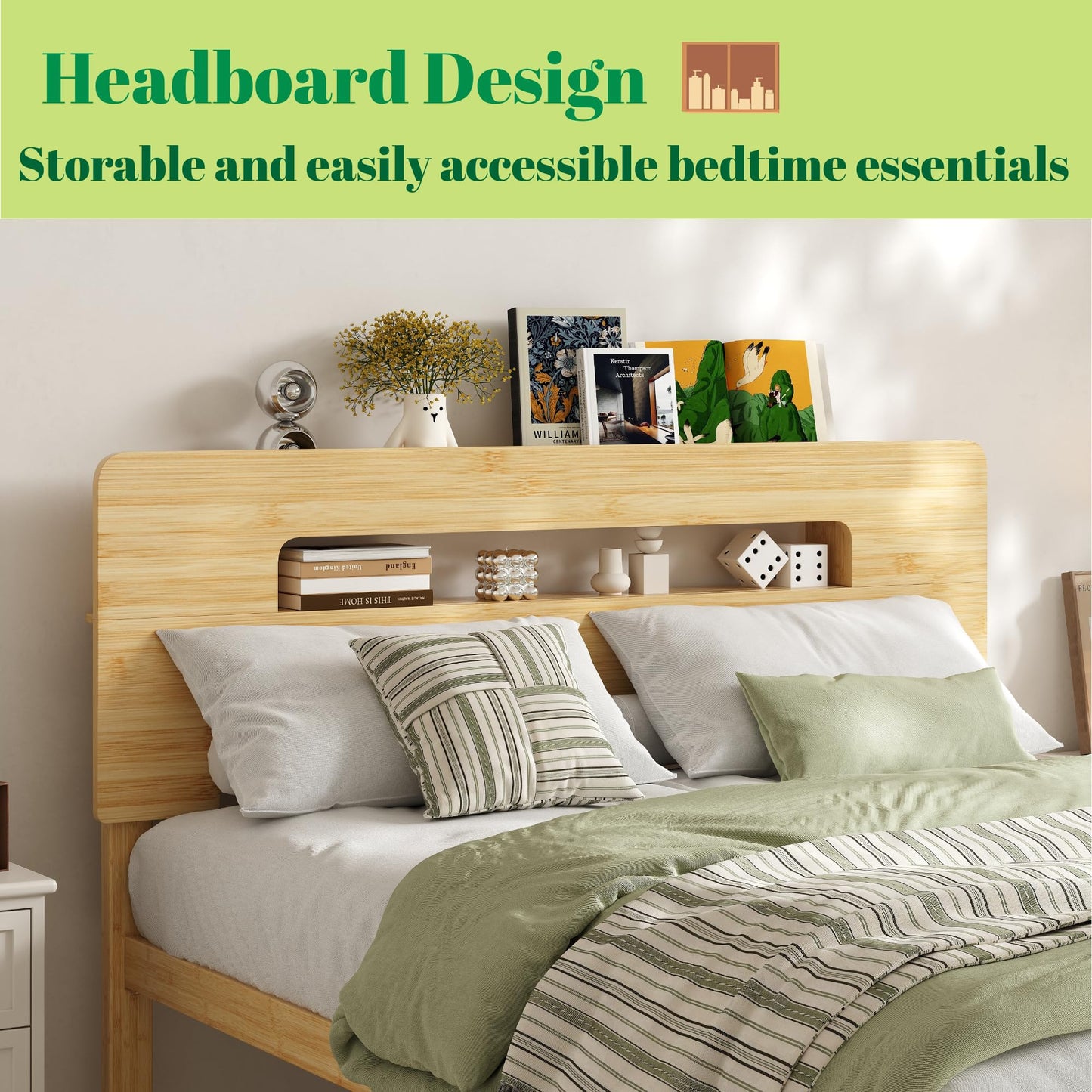 Askeld Wood Full Bed Frame with Storage Shelf Headboard, 14 Inch High Bamboo Platform Bed No Box Spring Needed, Mid-Century Heavy Duty Bedframe, Easy Assembly, Noise Free