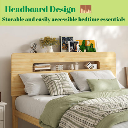 Askeld Wood Full Bed Frame with Storage Shelf Headboard, 14 Inch High Bamboo Platform Bed No Box Spring Needed, Mid-Century Heavy Duty Bedframe, Easy Assembly, Noise Free