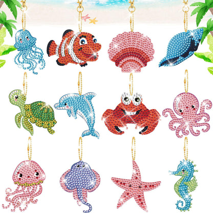 TSJ 12 Pack Diamond Painting Keychain DIY Double Side Diamond Art Kits for Kids Adults Ocean Animals 5D Diamond Key Ring DIY Diamond Ornaments
