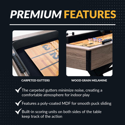 Hathaway Excalibur 9-Ft Shuffleboard Table for Great for Family Recreation Game Rooms, Designed with a Rustic Driftwood Finish with Built-In Leg Levelers, Includes 8 Pucks, Table Brush and Wax