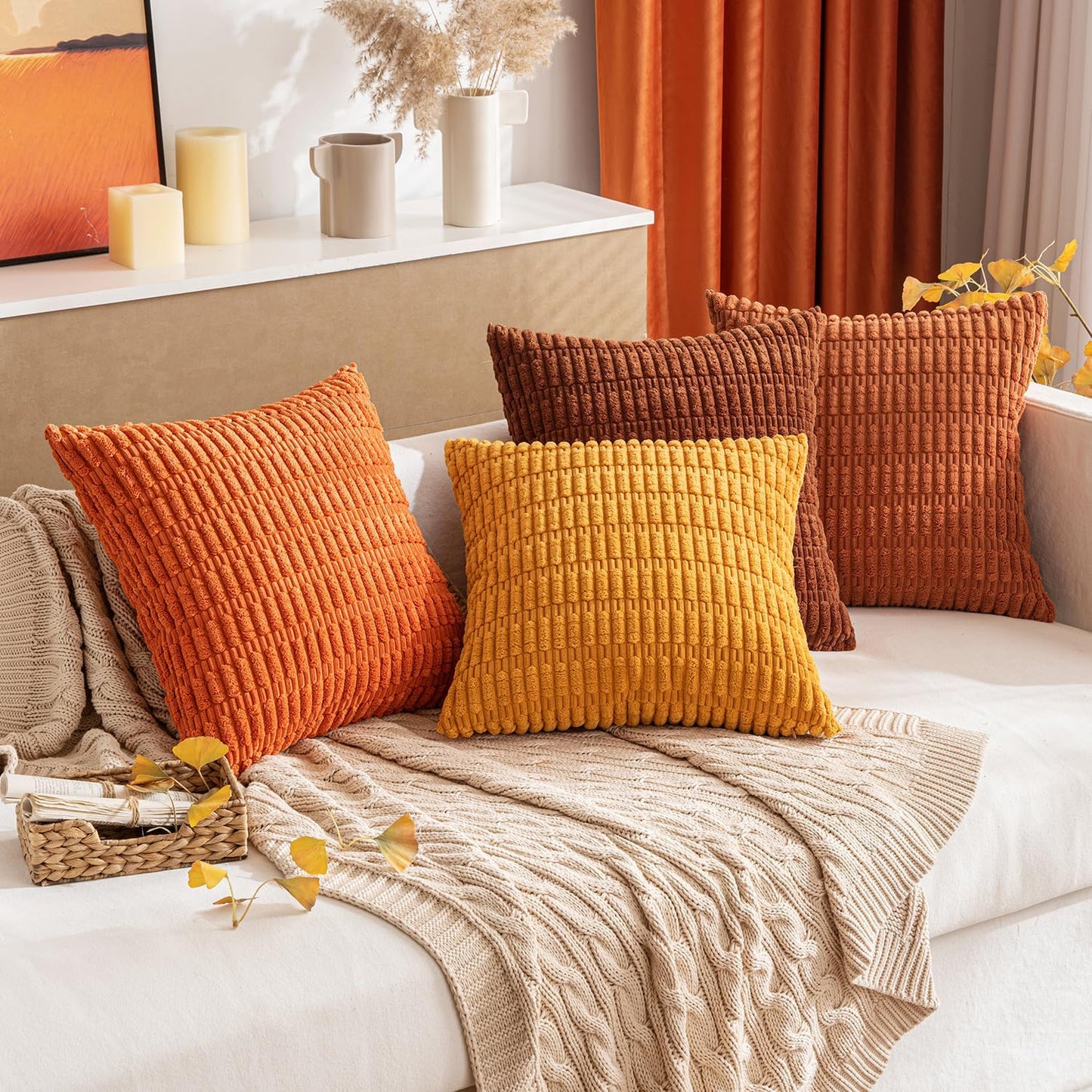MIULEE Decorative Pillow Covers - Soft Dark Rust Corduroy | Pack of 2, 20x20 Inch, Boho Striped Design for Modern Farmhouse Decor