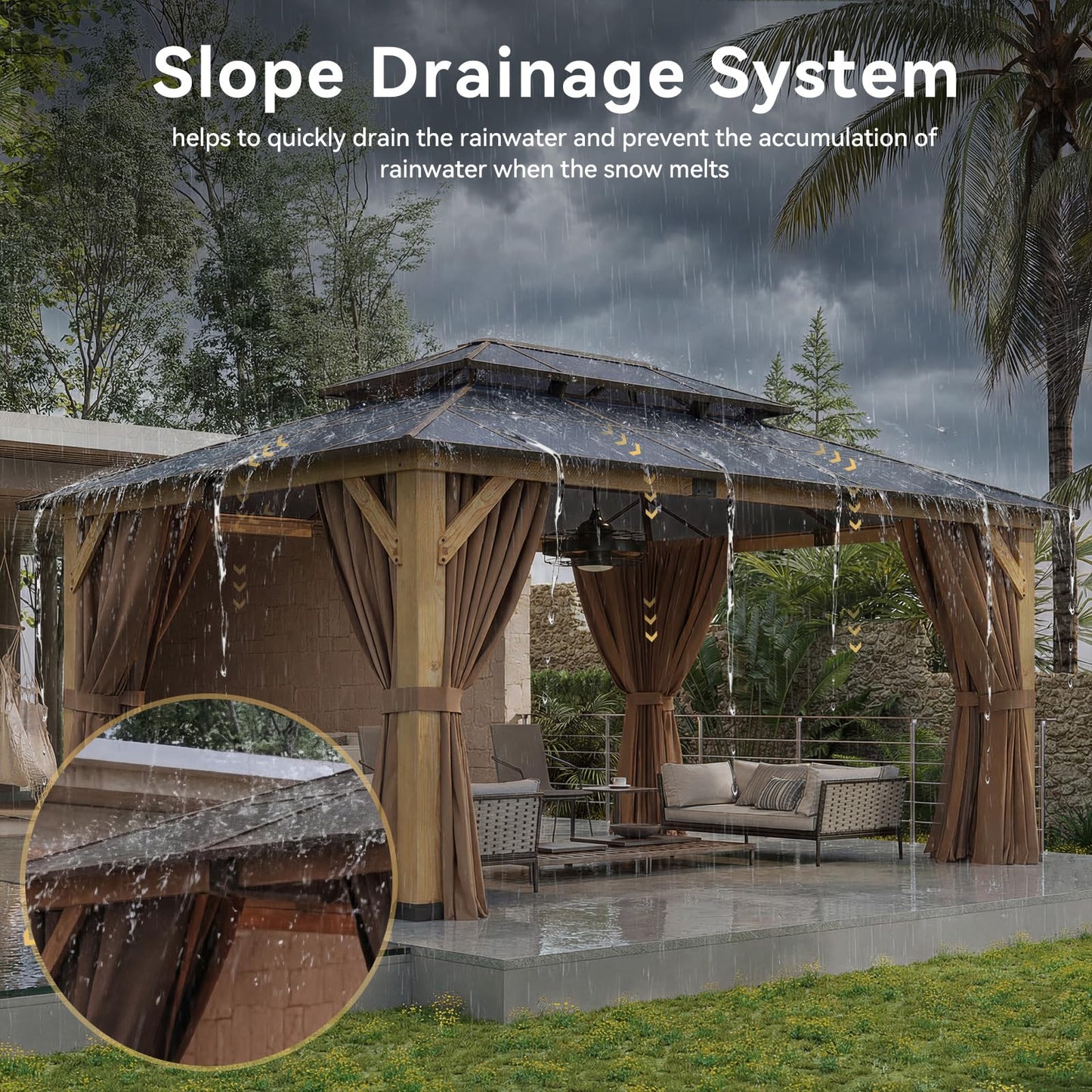 Aoxun 12' x 16' Outdoor Wood Gazebo with Double Polycarbonate Top, Hardtop Gazebo Permanent Wooden Pavilion with Breathable Netting and Privacy Curtain for Patio, Garden, Deck, Cedar Wood, Natural
