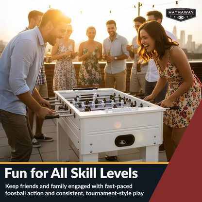 Hathaway Highlander 55-in Outdoor Foosball Table Adult Size - White Soccer Table Game Set with Waterproof Surface, Anti-Rust Rods, Ergonomic Handles, Nylon Cover, 2 Scorers, and 2 ABS Foosball Balls