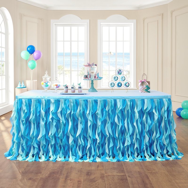 leegleri 14ft Tutu Table Skirt for 6/8ft Rectangle or Round Tables-Under The Sea Ocean Blue Baby Shark Themed Tutu Table Skirt for Baby Shower, Birthday Party,Gender Reveal