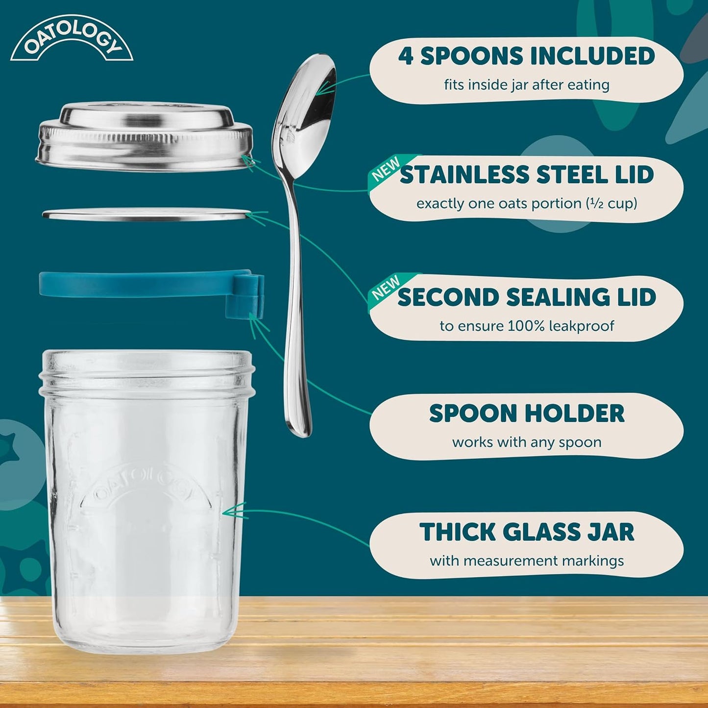 16oz Set 4 Pack Overnight Oats Containers with Lids & Spoons - Stainless Steel Lid Leakproof Glass Jars for Chia