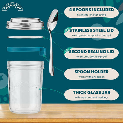 16oz Set 4 Pack Overnight Oats Containers with Lids & Spoons - Stainless Steel Lid Leakproof Glass Jars for Chia