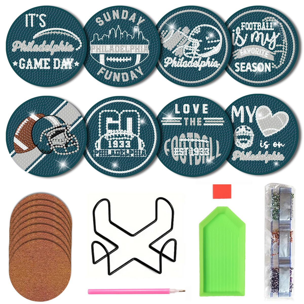 Bartogro 8 Pcs Diamond Painting Coaster Kits, DIY Football Diamond Art Coasters with Holder Sports Diamond Art Crafts Supplies for Philadelphia Design