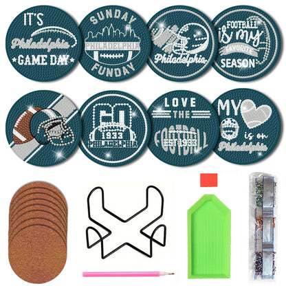 Bartogro 8 Pcs Diamond Painting Coaster Kits, DIY Football Diamond Art Coasters with Holder Sports Diamond Art Crafts Supplies for Philadelphia Design