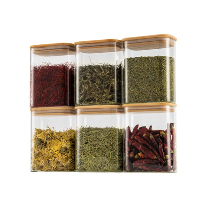 D2scrma 37oz Rectangle Airtight Glass Storage Containers with Bamboo Lids (Set of 6), Square Food Storage Jar, Pantry Organizers for Cereal, Nuts, Snacks and Coffee beans (‎with Black Lable)
