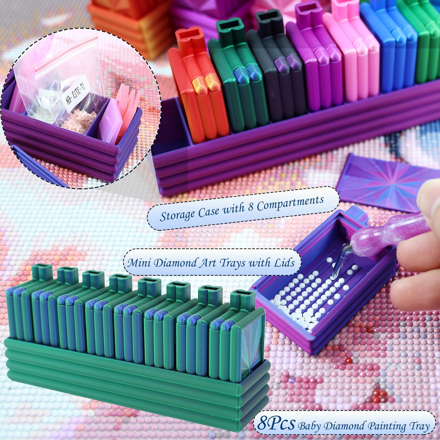 Diamond Art Trays with Lids, Diamond Painting Trays with Storage Organizers Case, 8 Pack Beads Rhinestone Tray Set with Tweezers, Brush, 32pcs Ziplock Pouches Bags for Diamond Art Tool (Blue Green)