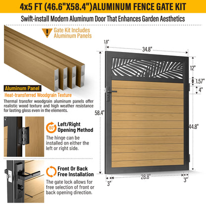 Brukid 4x5 FT Aluminum Fence Gate Kit Wood Grain Aluminum Gate with Decorative Cutout, Lock & Hinges, Left/Right Opening, Weather Resistant for Yard Garden Patio