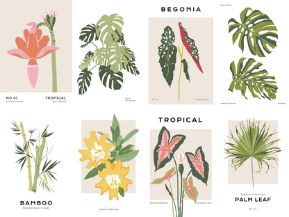 20 Piece Tropical Graphic Garden Flower Floral Collage Kit - Art Boheme, Palm Plants Minimalist, Teen Room Wall, Dormitory Bedroom Decorations, Aesthetic, 4x6 Professional Photos