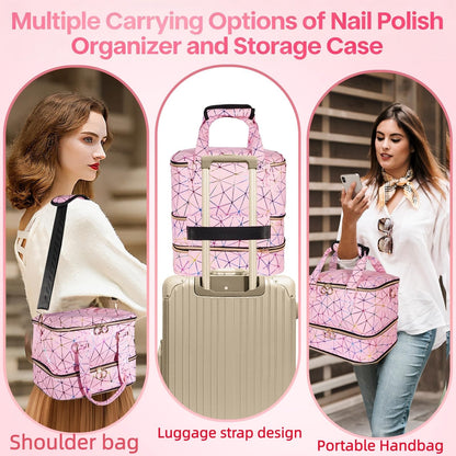 MZTXY Nail Polish Organizer Bag Holds 84 Bottles & Nail Lamp, 3 Layers Nail Kit Storage Carrying Case Pu Leather, Large Nail Supplies Organizer With Shoulder Strap, Portable Travel Nail Bag,Pink