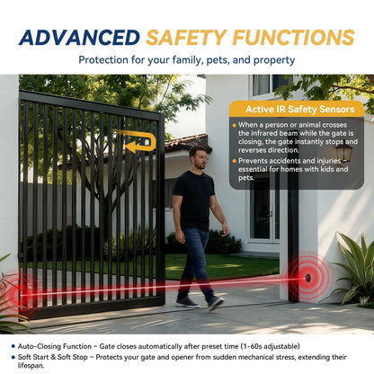 1300lbs Solar Sliding Gate Opener Chain Drive with Built-in Backup Battery, WiFi Remote Control, IR Sensor, Keypad, Automatic Gate Motor, Off-Grid Operation with Solar Panel