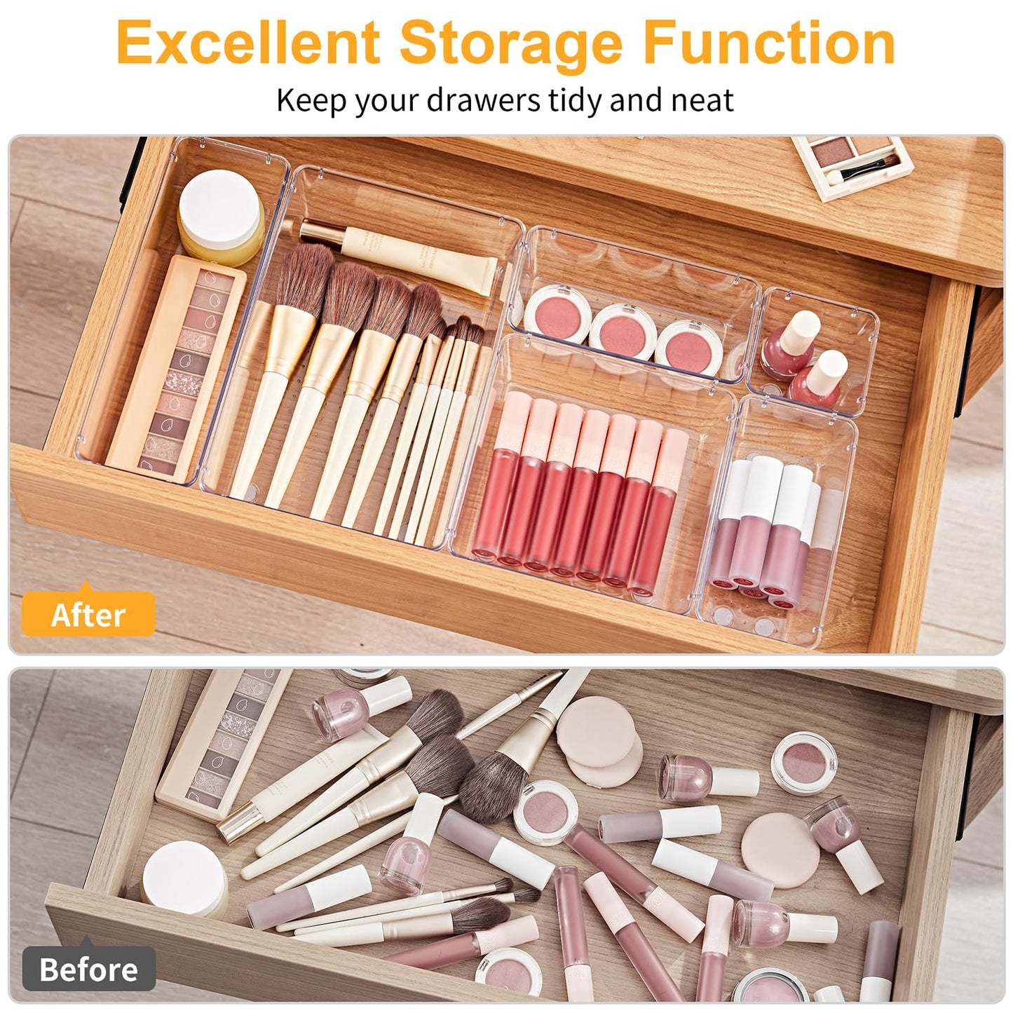 SMARTAKE 13-Piece Drawer Organizers with Non-Slip Silicone Pads, 5-Size Desk Bathroom Drawer Organizer Trays Storage Tray for Makeup, Jewelries, Utensils in Bedroom Dresser, Office and Kitchen, Clear