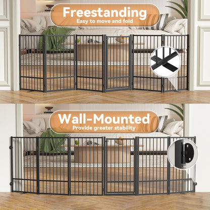 SNUOWU Full Metal Freestanding Dog Gate with Door, 36''Height Foldable Pet Dog Fence for Indoor & Outdoor, 6 Panels Extra Wide Free Standing TallDog Gates for Doorways,House,Stairs,Porch,Deck,Yard