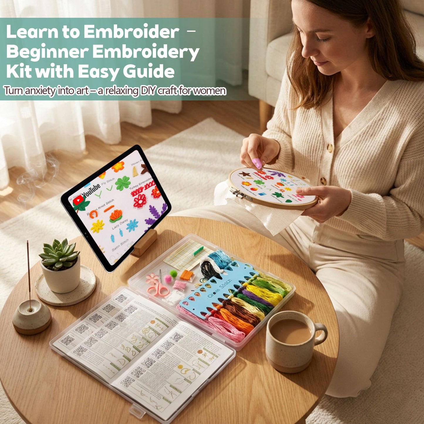 CLRDIVA First Embroidery Kit for Beginners: Pre-Printed Needlepoint Starter Kits with Complete Tools & Step-By-Step Videos Guide - Zero Stress to Learn 31 Stitches - Adults Relaxing DIY Craft Hobby