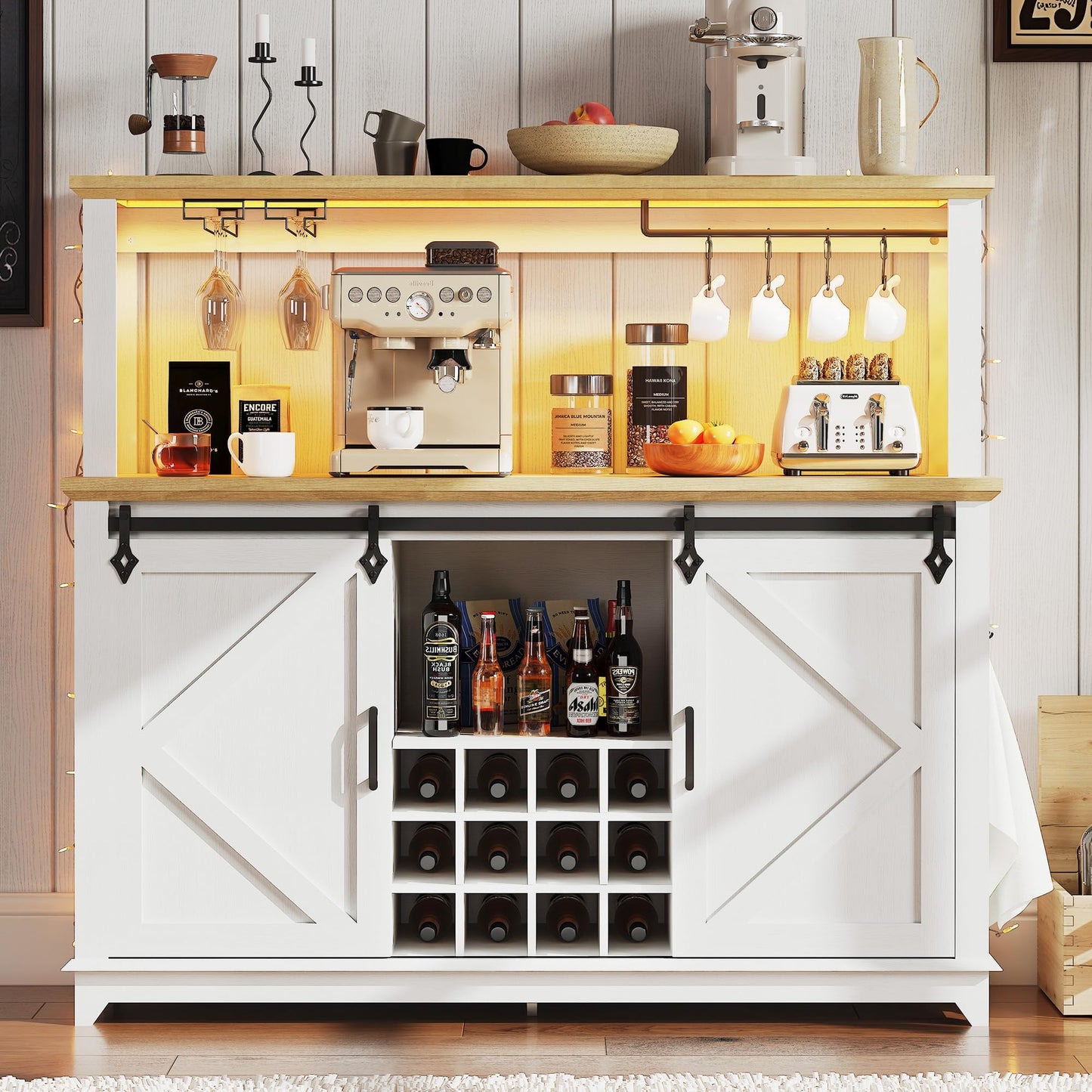 IDEALHOUSE 55" Farmhouse Coffee Bar Cabinet with Power Outlet & LED Light - Sliding Barn Door Buffet with Removable Wine Rack, 2-Tier Drawers, for Kitchen, Dining & Living Room, White
