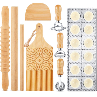 Tioncy 9 Pcs Pasta Making Tool Set, Wood Gnocchi Board with Ravioli Mold Raviolo Maker Raviolo Stamp Rolling Pin Gnocco Maker for Home Cooking Kitchen Gift(Pattern Gnocchi Board with Ravioli Mold Set)