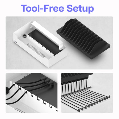 Line Leader 12-Device Open Charging Station | Compact Desktop Charger for Laptops, Tablets, & Chromebooks | Space-Saving Design with Adjustable Dividers & UL Safety-Certified Power Strip