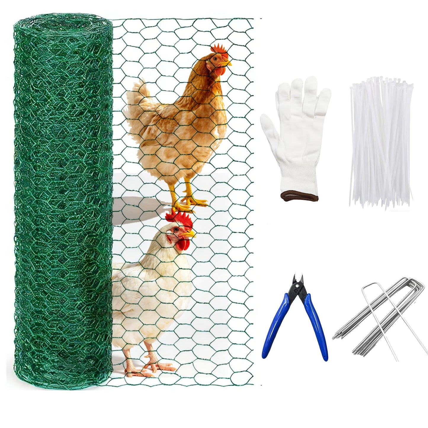 Chicken Wire Mesh Fencing16.4x0.98Ft with Zip Ties, Pliers, Stakes & Gloves - All-in-One Kit for Garden Fence, Floral Arrangements & Craft Projects