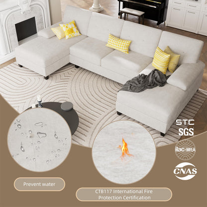 U-Shaped Sectional Couches for Living Room, 4 Seat Sofa with Double Chaise Lounges,Solid Wood Frame Sectional Sofa for Apartment,White