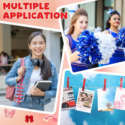 Youyole 50 Sets Cheer Pins Spirit Clips Include Wooden Clothes Pins Mini Resin Animals Bows Beads Letters Self Adhesive Stickers Pen for Cheerleaders Backpacks Christmas Gifts DIY Craft (Red)