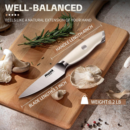Huusk Paring Knife Ultra Sharp, 3.5" Small Kitchen Knife with Ergonomic Ivory White Handle Fruit Knives for Peeling Coring Cutting Present Gift to Men Women