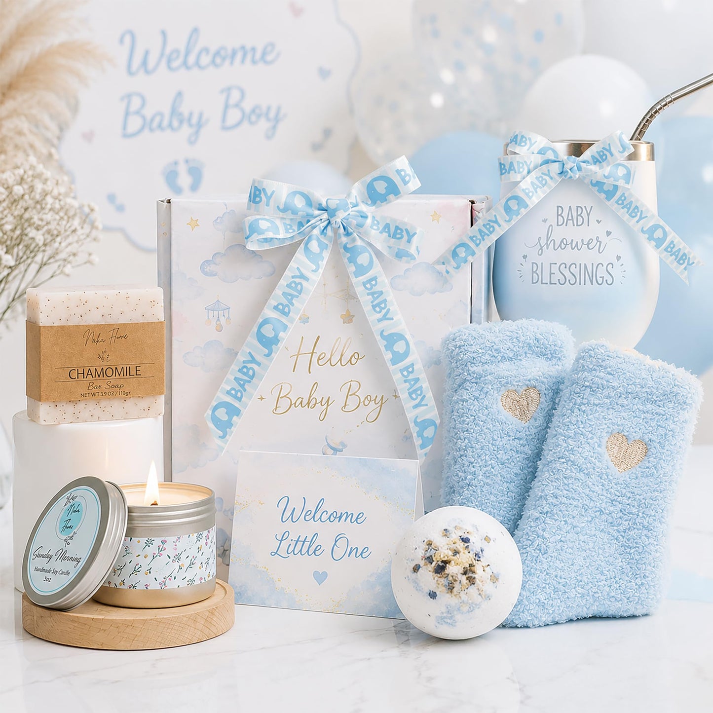 HUIHUANG Baby Blue Ribbon for Baby Shower Its A Boy Blue Ribbons Assorted Foot Print Elephant Satin Ribbon for Gift Wrapping Crafts Diaper Cake Baby Shower Birthday Favor-5 Yards Each Total 50 Yards