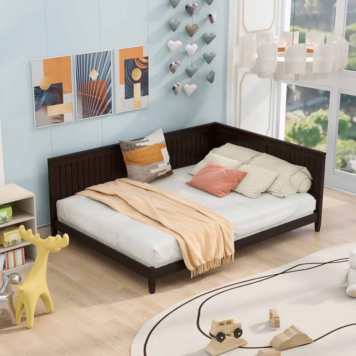 Bellemave Full Size Daybed, Wood Full Low Bed Frame with Headboard and Sideboard, Wooden Floor Sofa Bed with Slats Support for Kids Room, Bedroom, Living Room, Espresso