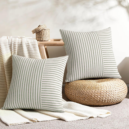 20x20, Set 2, YCOLL Farmhouse Pillow Covers Modern Accent Square Throw Pillow Covers of Olive Green and Beige Striped