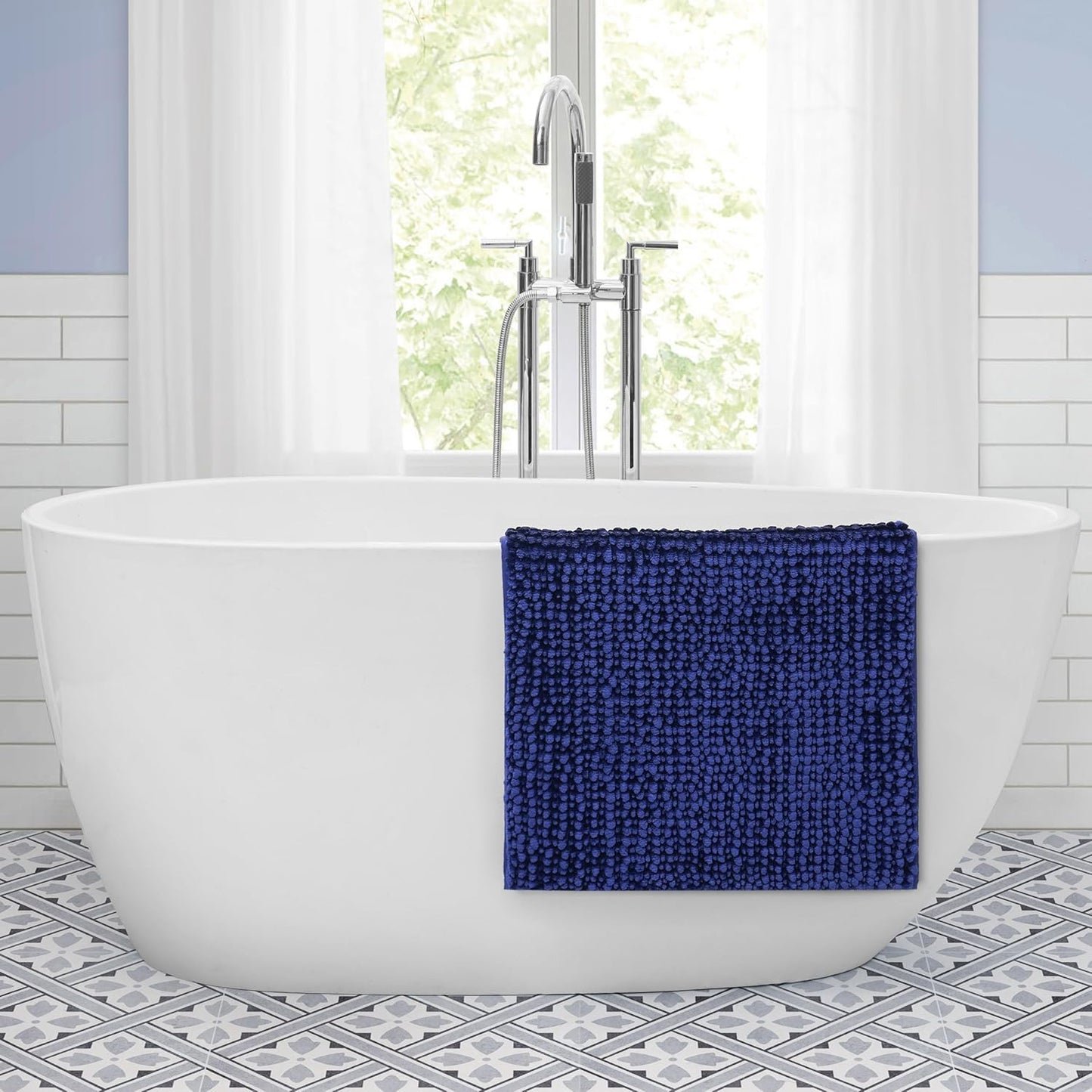 Laura Ashley Butter Chenille Bath Rug, Absorbent Shaggy Non-Slip Bathroom Mat - 2 Piece Navy