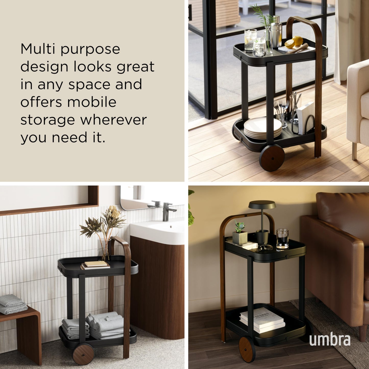 Umbra Bellwood Bar Cart, Serving Trolley, Side Table, Walnut/Black