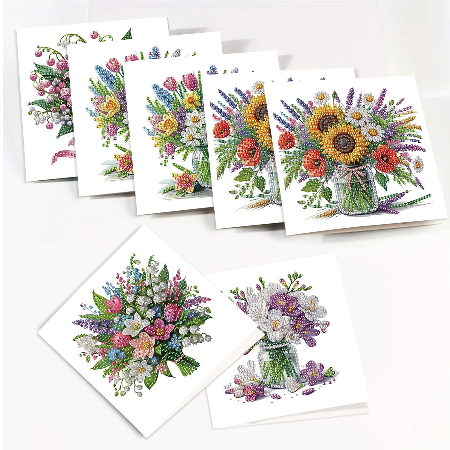 SHEGZHUC 6 Pack Diamond Painting Gift Card Diamond Art Kits for Adults Birthday Wedding Anniversary Greeting Get Well Congratulations Thank You Cards with Envelopes || Flowers in Vase Bouquets