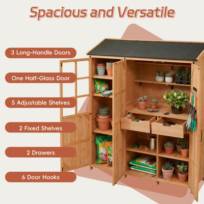 Merax Outdoor Wood Large Patio Garden Storage Shed with Waterproof Roof, 3 Doors Storage Cabinet with Workstation, 7 Storage Shelves, 2 Drawers and 6 Hooks for Backyard, Natural
