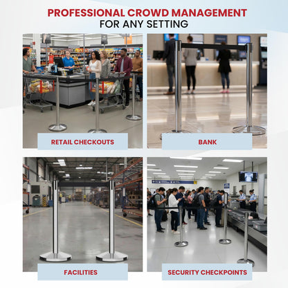 Crowd Control Warehouse Set of 2 Stanchion Retractable Belt Barriers, 11 Foot Black Belt Barrier with 40” Polished Stainless Steel Posts, Barriers with Heavy Duty Concrete Base, CCW Series RBB-100