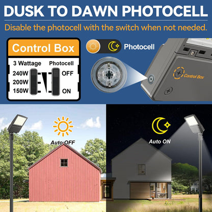 240W LED Parking Lot Light 3Pack: 150/200/240W Selectable, 38400LM 5000K LED Pole Light with Photocell, Slip Fitter Mount LED Shoebox Light for Yard Driveway Stadium Roadways, IP65 100-277VAC, ETL
