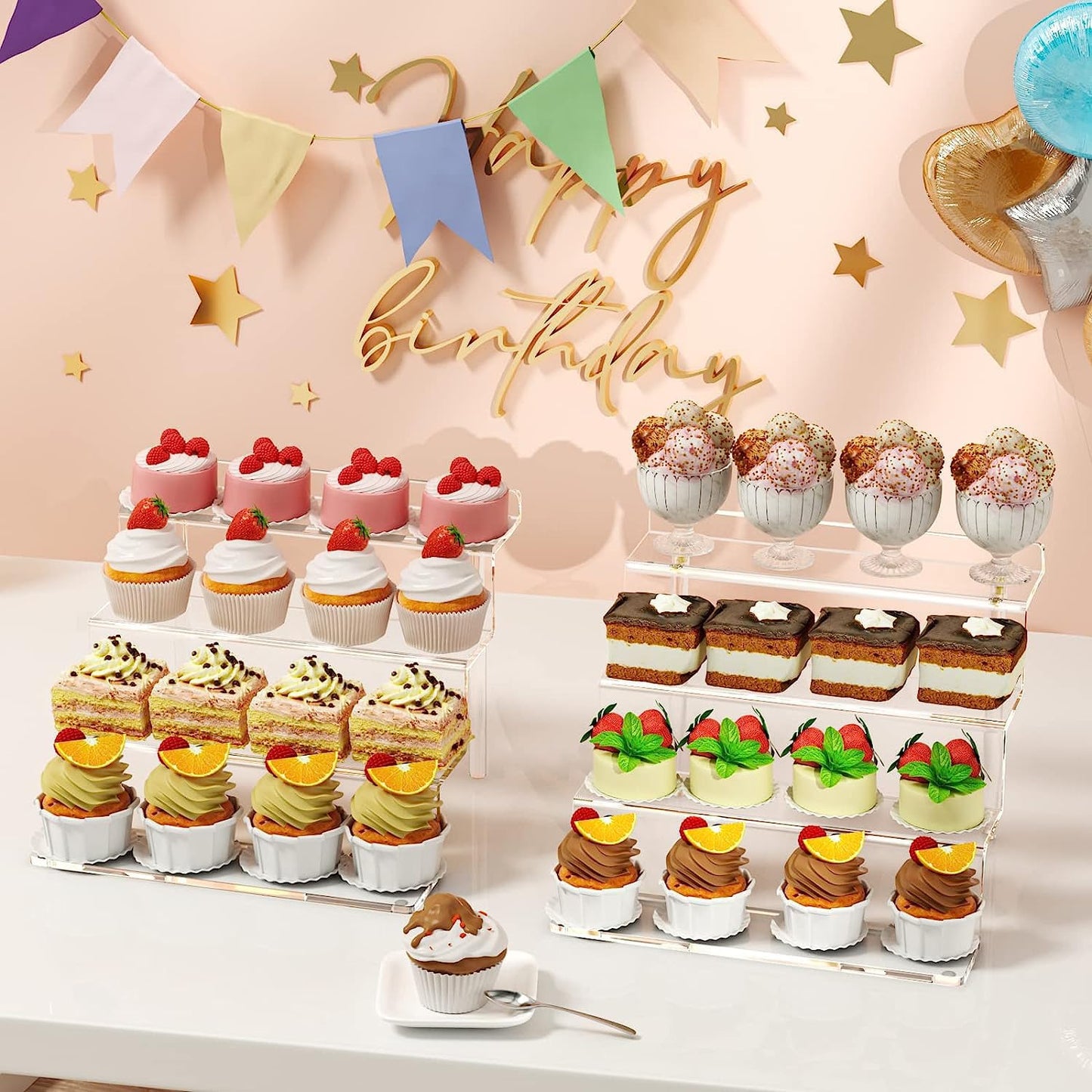 Gonice 2 Pack 4 Tier Acrylic Display Riser, Clear Display Stand for Amiibo Funko POP Figures and Perfume, Display Riser for Graduation Party, Birthday Party